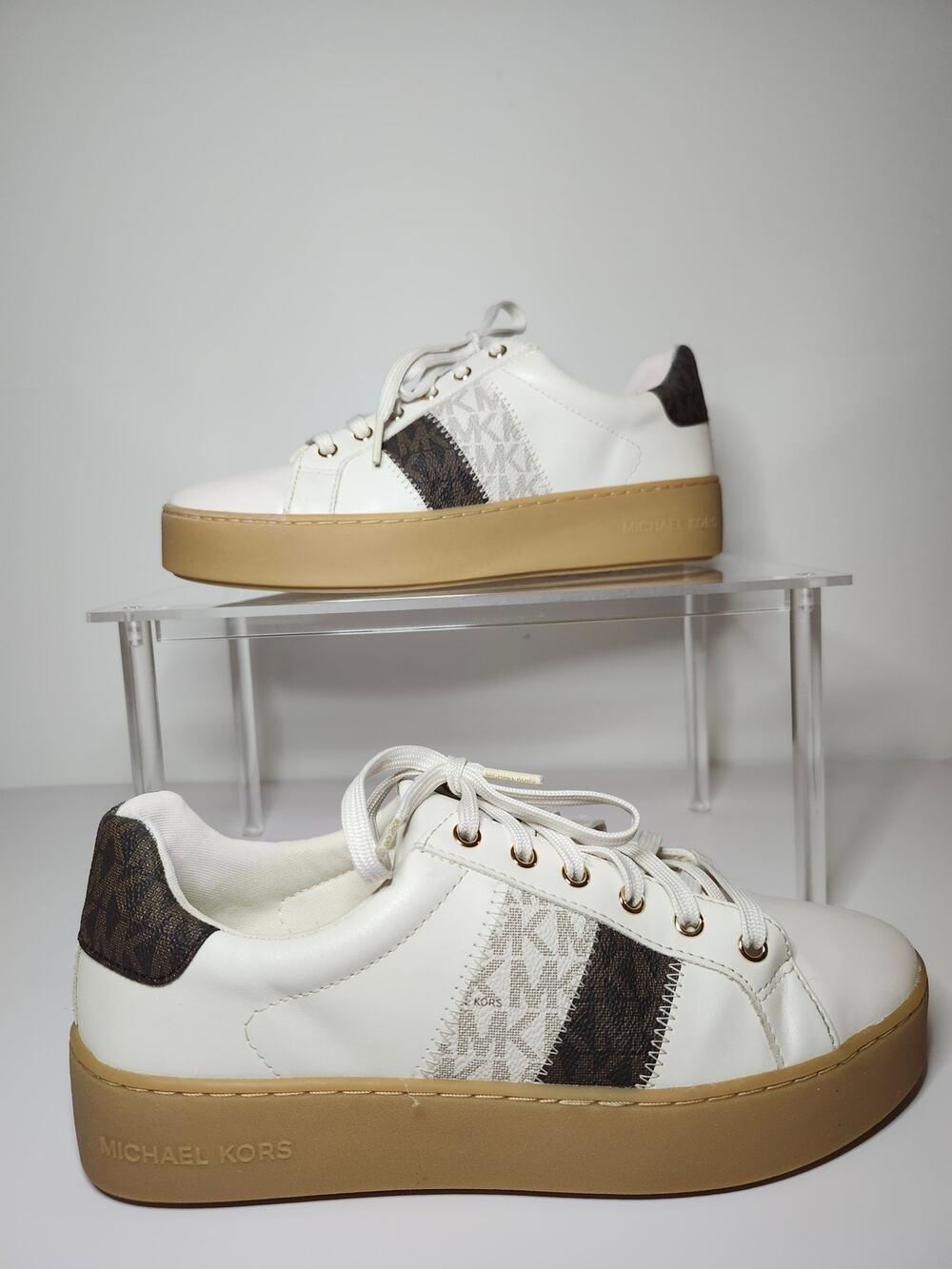 Michael Kors Womens Poppy Sneakers Trainers Optic White Brown Platform Size 8.5